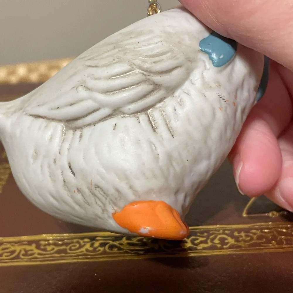 Vintage Blue Bow Geese Bisque Ornaments Set of Two